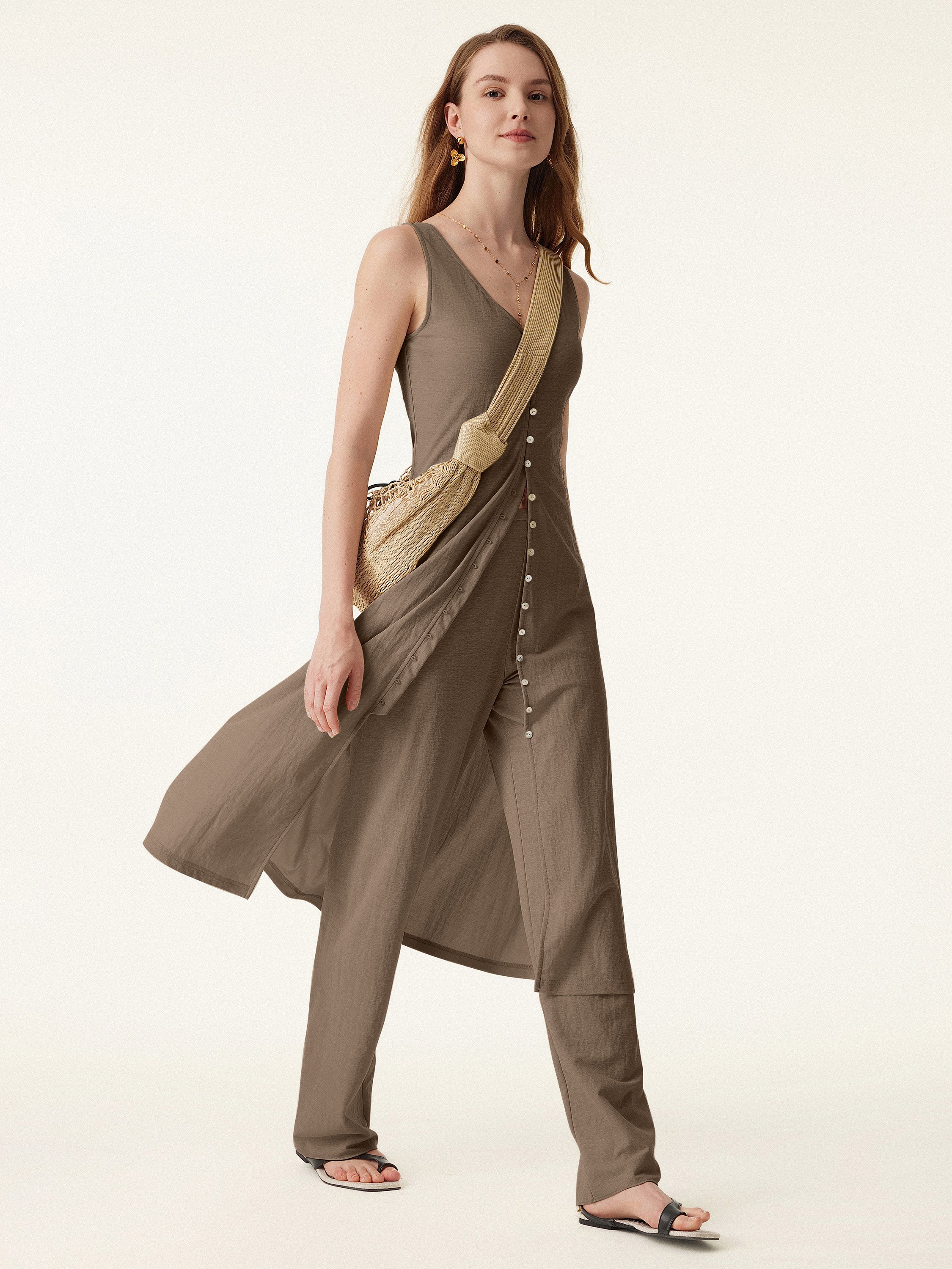 2Pcs Set V neck Button Front Midi Vest Dress & Mid Rise Straight Leg Pant