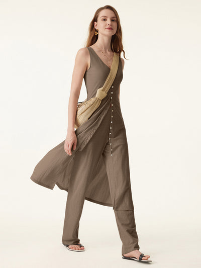OGLmove 2Pcs Set V-neck Button Front Midi Vest Dress & Mid Rise Straight Leg Pant Jara XS