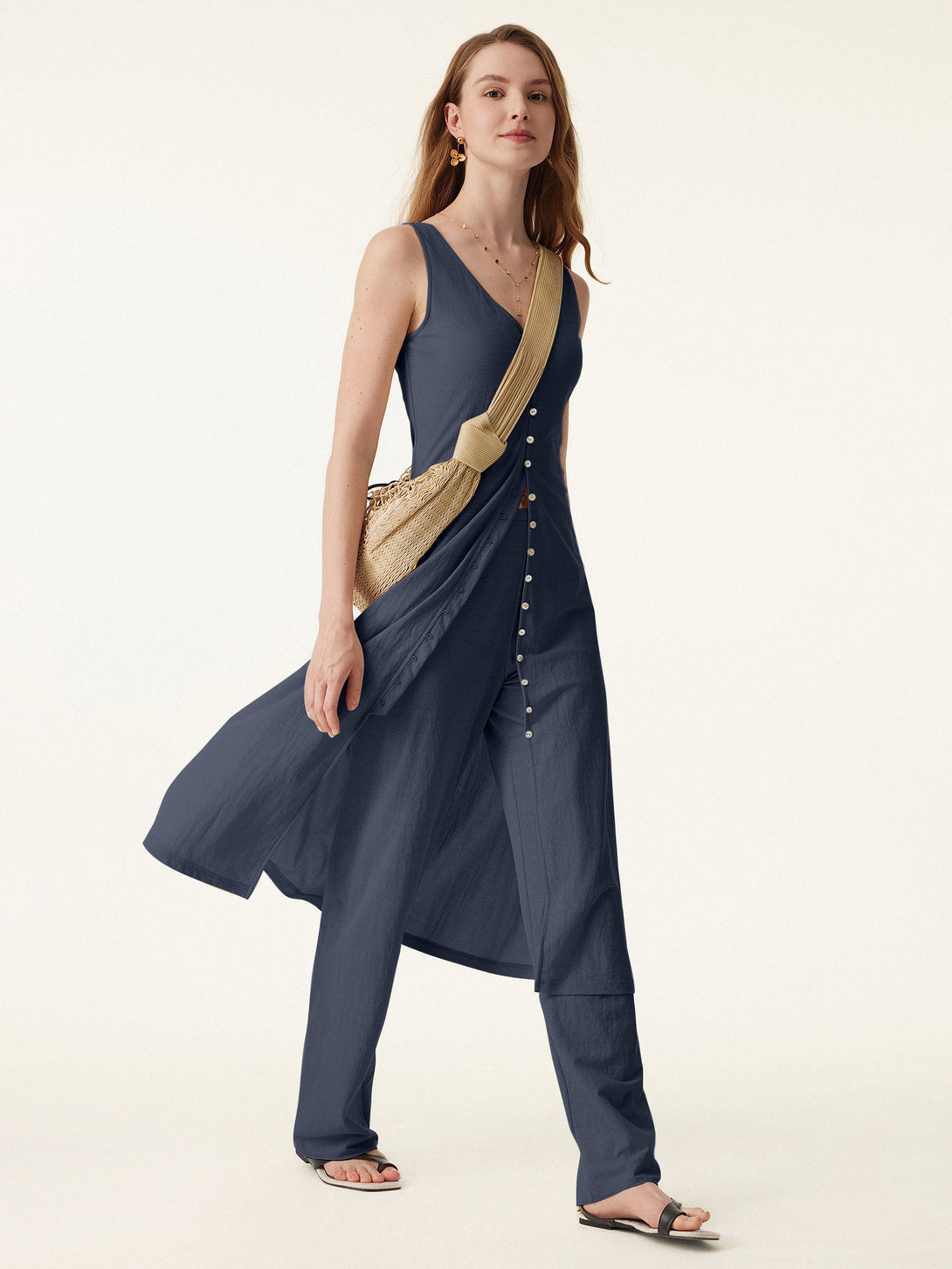 2Pcs Set V-neck Button Front Midi Vest Dress & Mid Rise Straight Leg P –  OGLmove