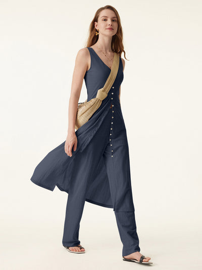 OGLmove 2Pcs Set V-neck Button Front Midi Vest Dress & Mid Rise Straight Leg Pant Smoky Navy XS