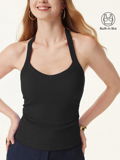 OGLmove Halter Neck Side Ruched Ribbed Bra Tank Black XS