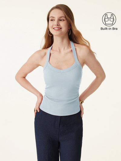 Halter Neck Side Ruched Ribbed Brami Tank Ice Blue XS
