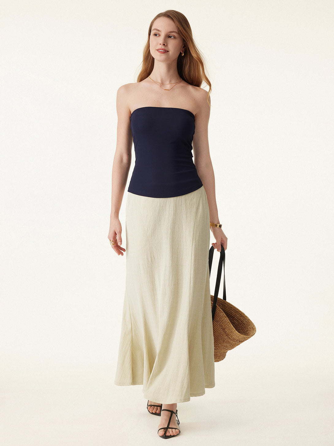 Wrinkle-resistant Cotton-linen Pull-on Midi Skirt