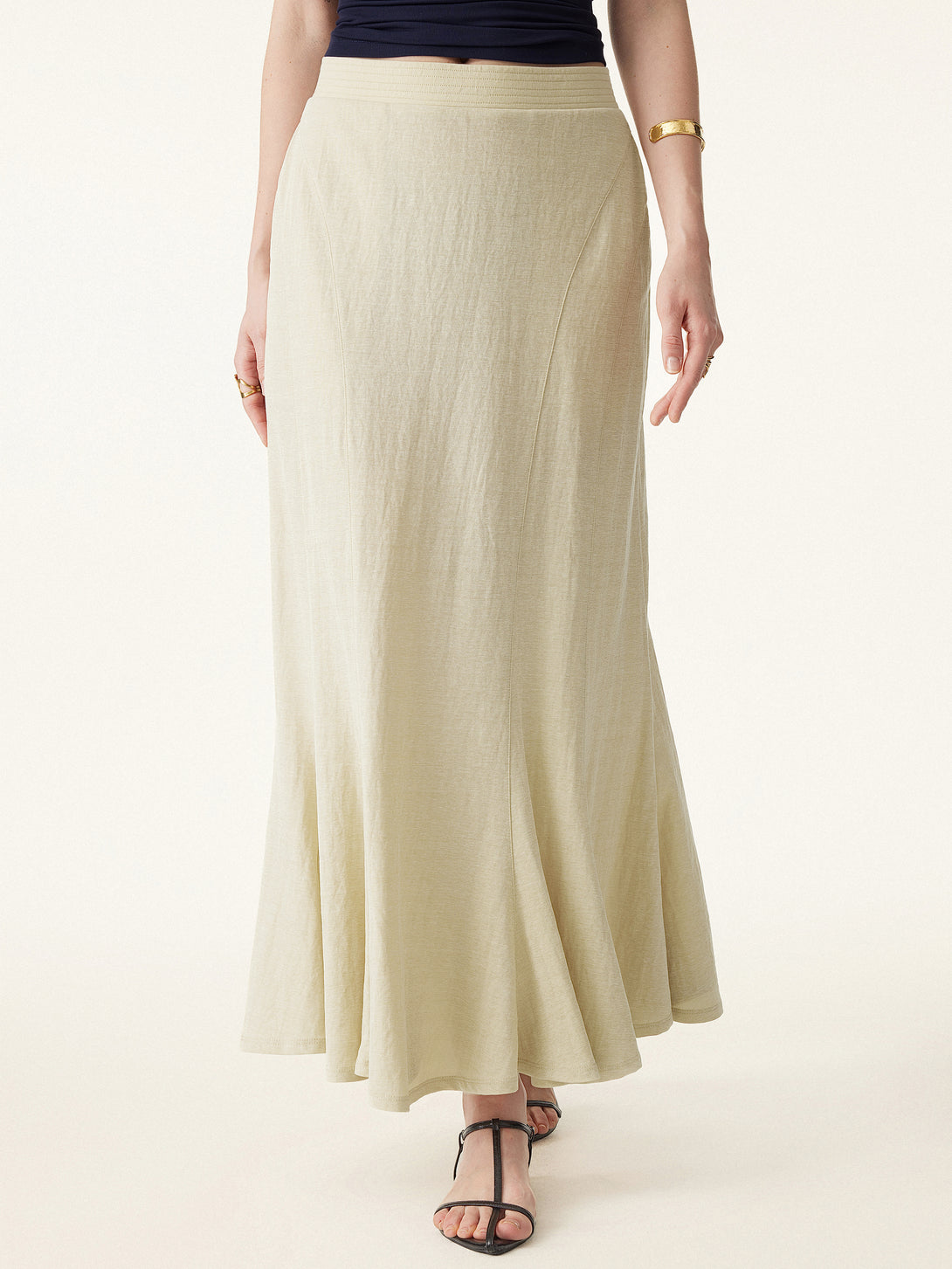 Wrinkle-resistant Cotton-linen Pull-on Midi Skirt