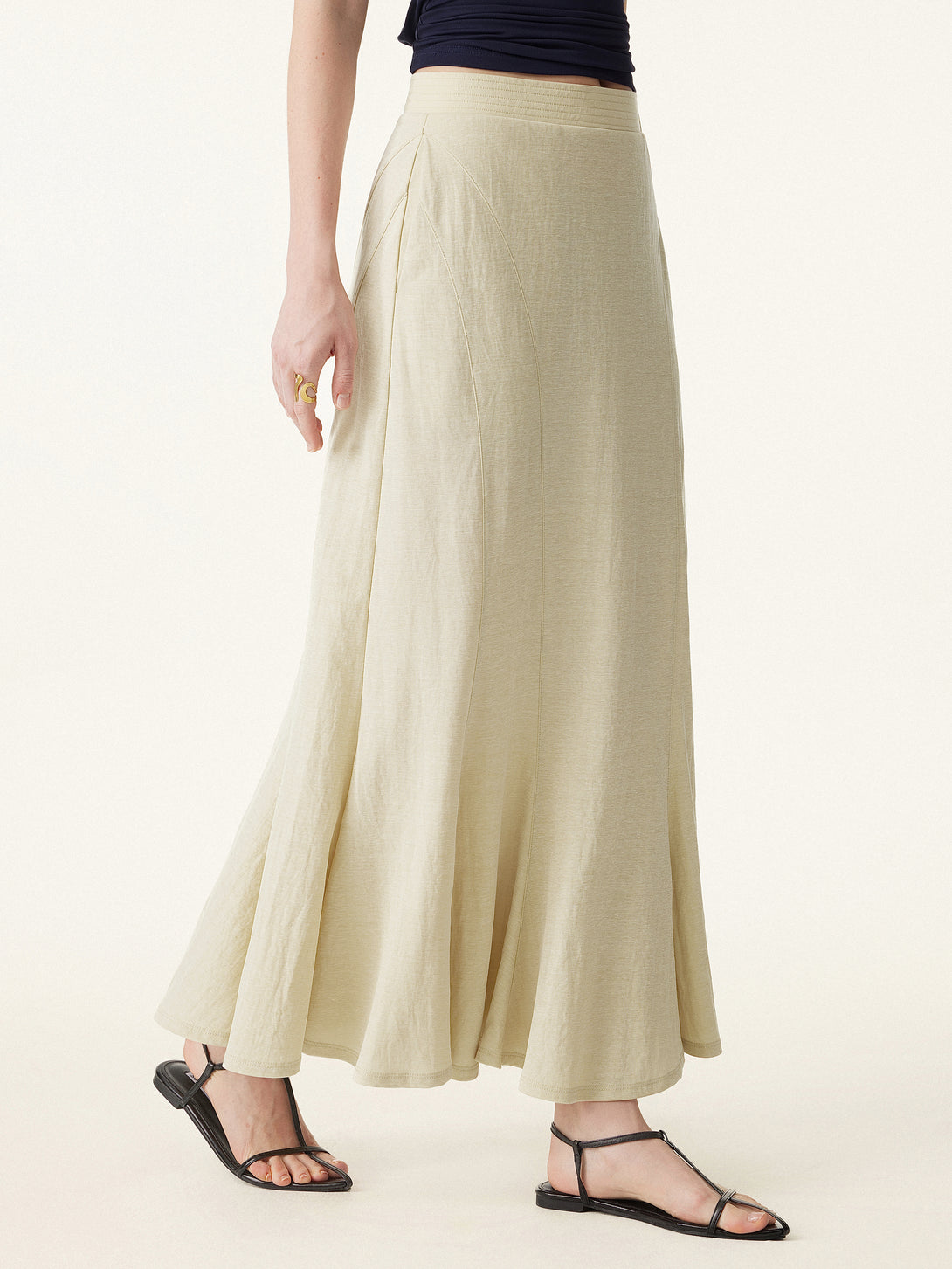 Wrinkle-resistant Cotton-linen Pull-on Midi Skirt