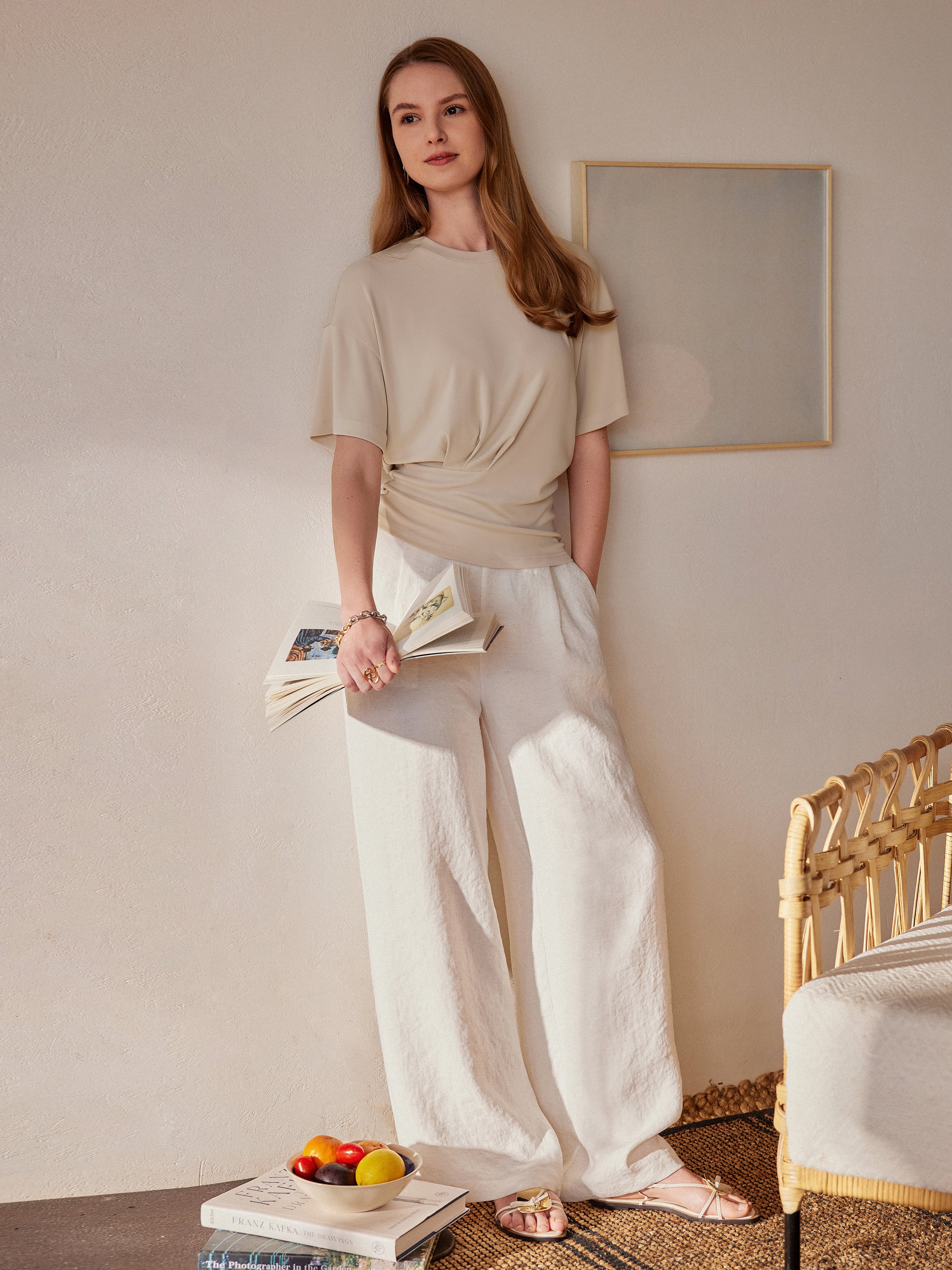 2Pcs Set Crewneck Tee & Mid Rise Wide Leg Pant Pockets