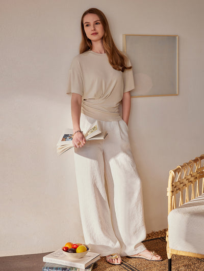 2Pcs Set Sandwashed Crewneck Short Sleeve Tee & Linen Mid Rise Wide Leg Pant with Pockets Morning Mist/Linen White XS