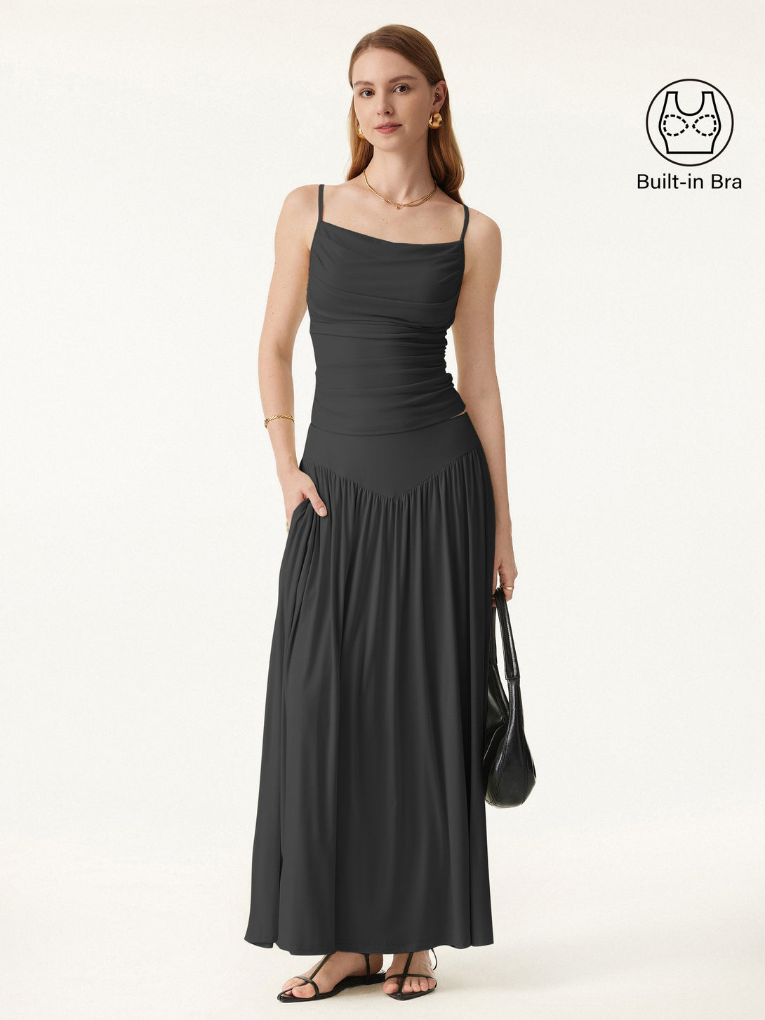 2Pcs Set Adjustable Spaghetti Straps Brami & V-shape Maxi Skirt with Pockets Black XS