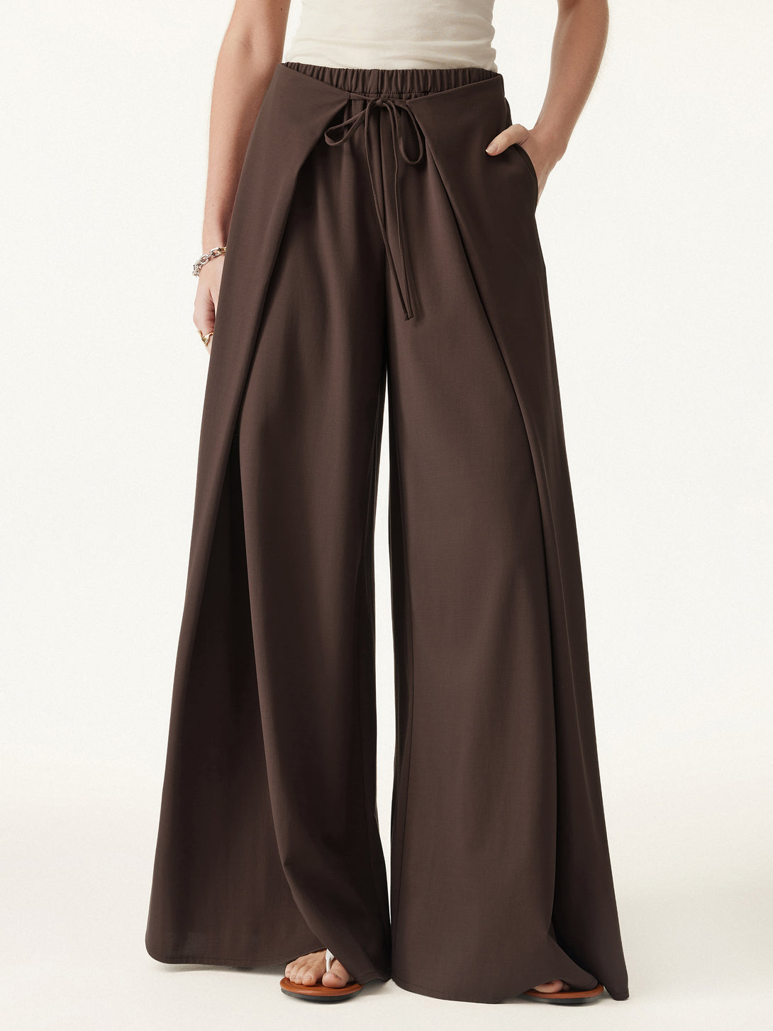 Bamboo Ponte Wrap-tie Palazzo Pants with Pockets