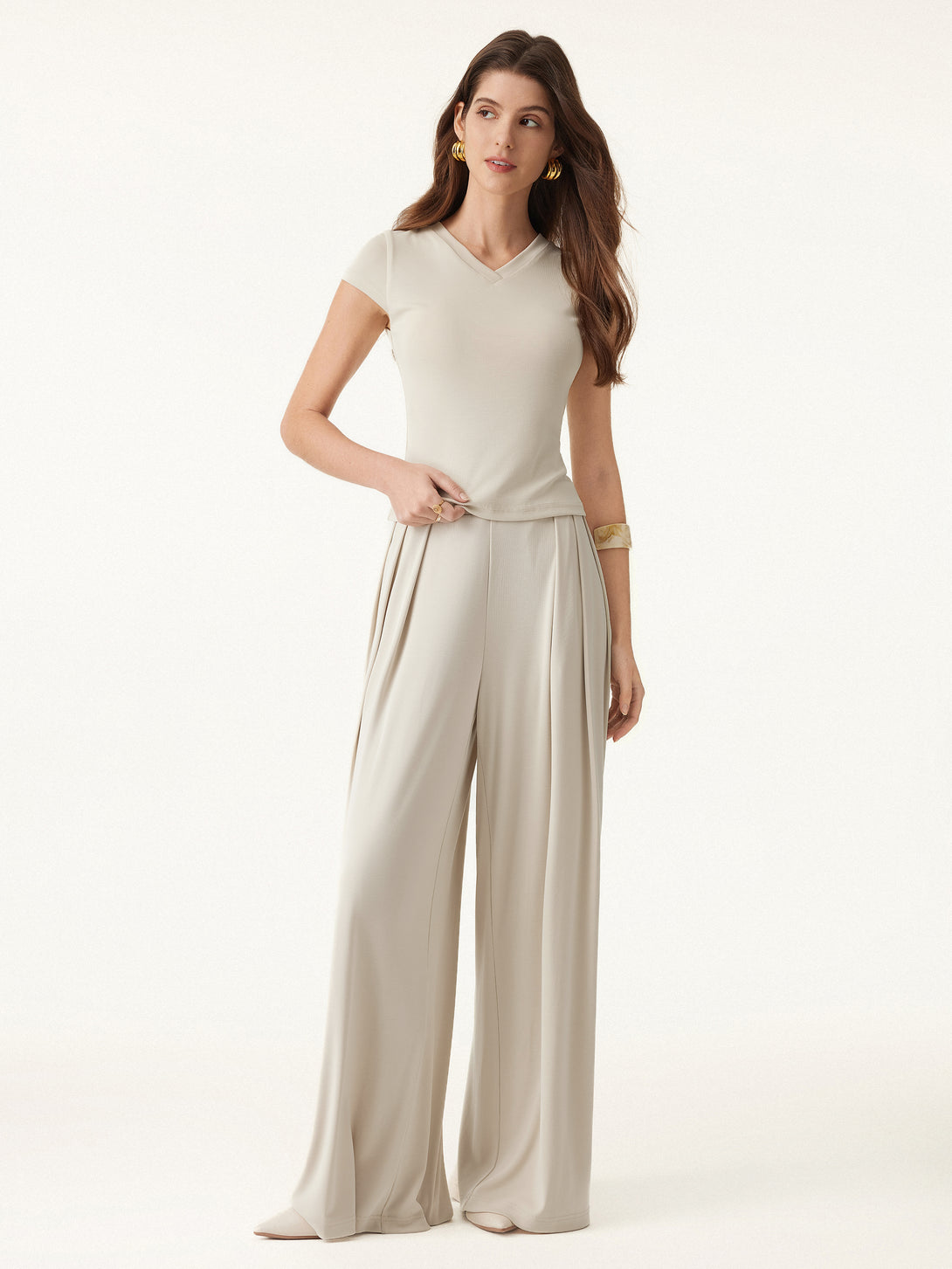 Sandwashed Mid Rise Pleated Wide Leg Palazzo Pants with Pockets