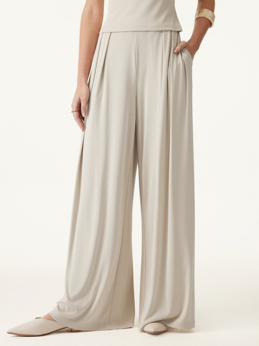 Sandwashed Mid Rise Pleated Wide Leg Palazzo Pants with Pockets