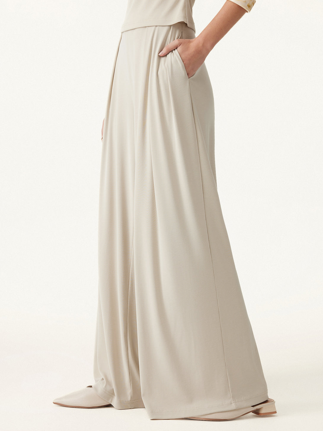 Sandwashed Mid Rise Pleated Wide Leg Palazzo Pants with Pockets