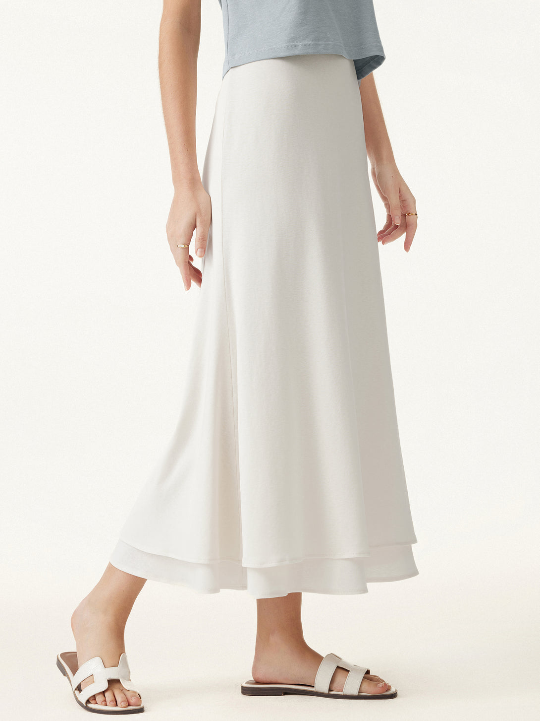 Flowy Cotton-linen Midi Flared Skirt Off White XS