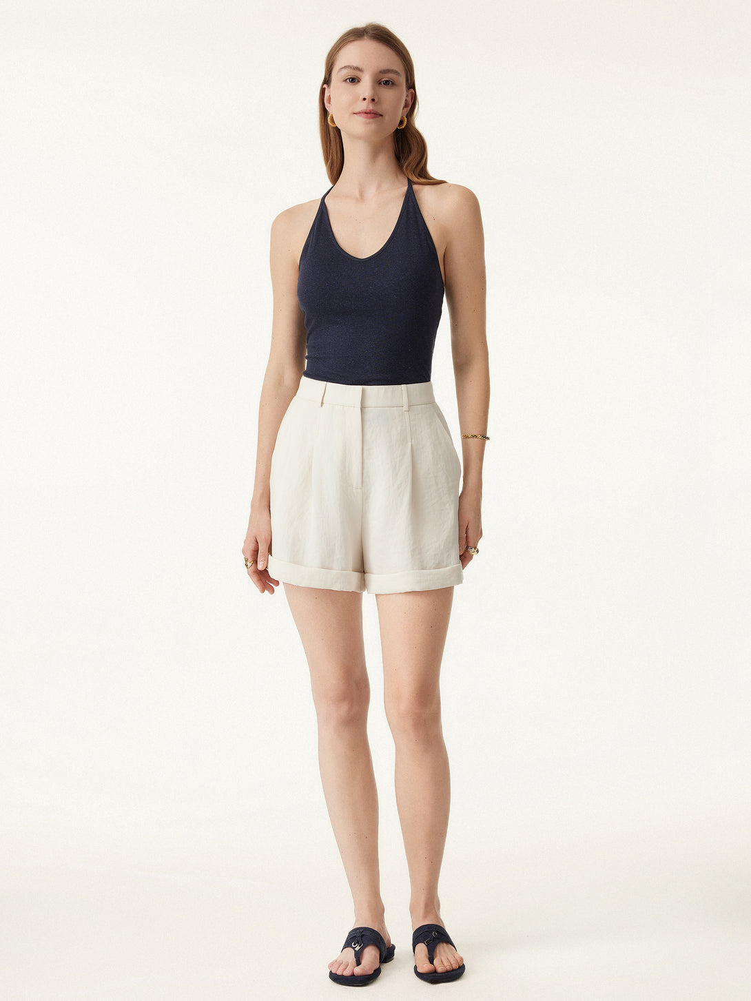 Wrinkle-resistant High Rise Cuffed Linen Shorts
