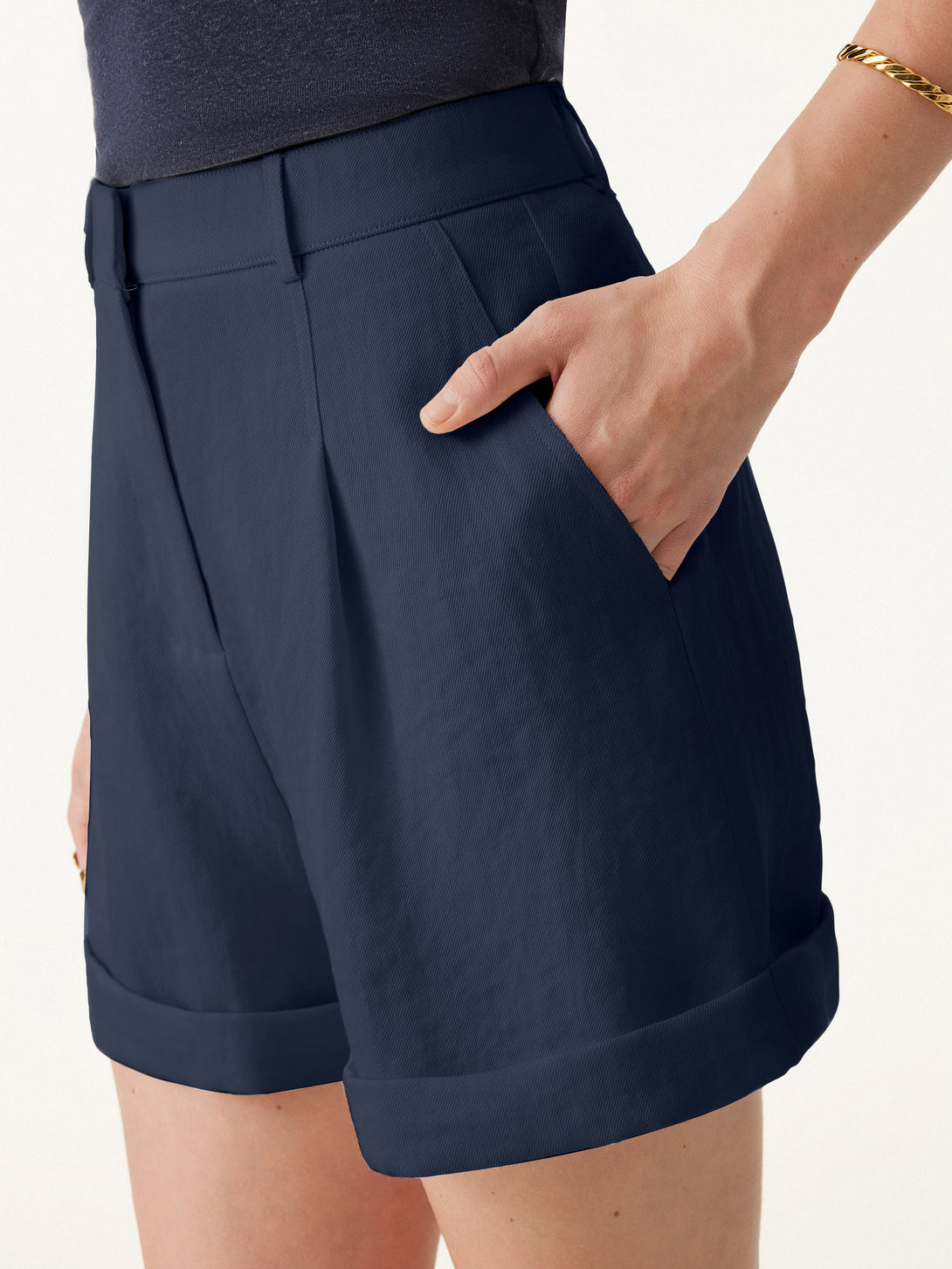 Wrinkle-resistant High Rise Cuffed Linen Shorts Denim Navy XS