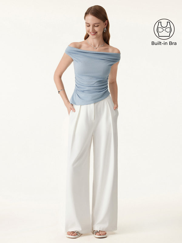 OGLmove Off Shoulder Cotton-Linen Gathered New Airy Bra Tank
