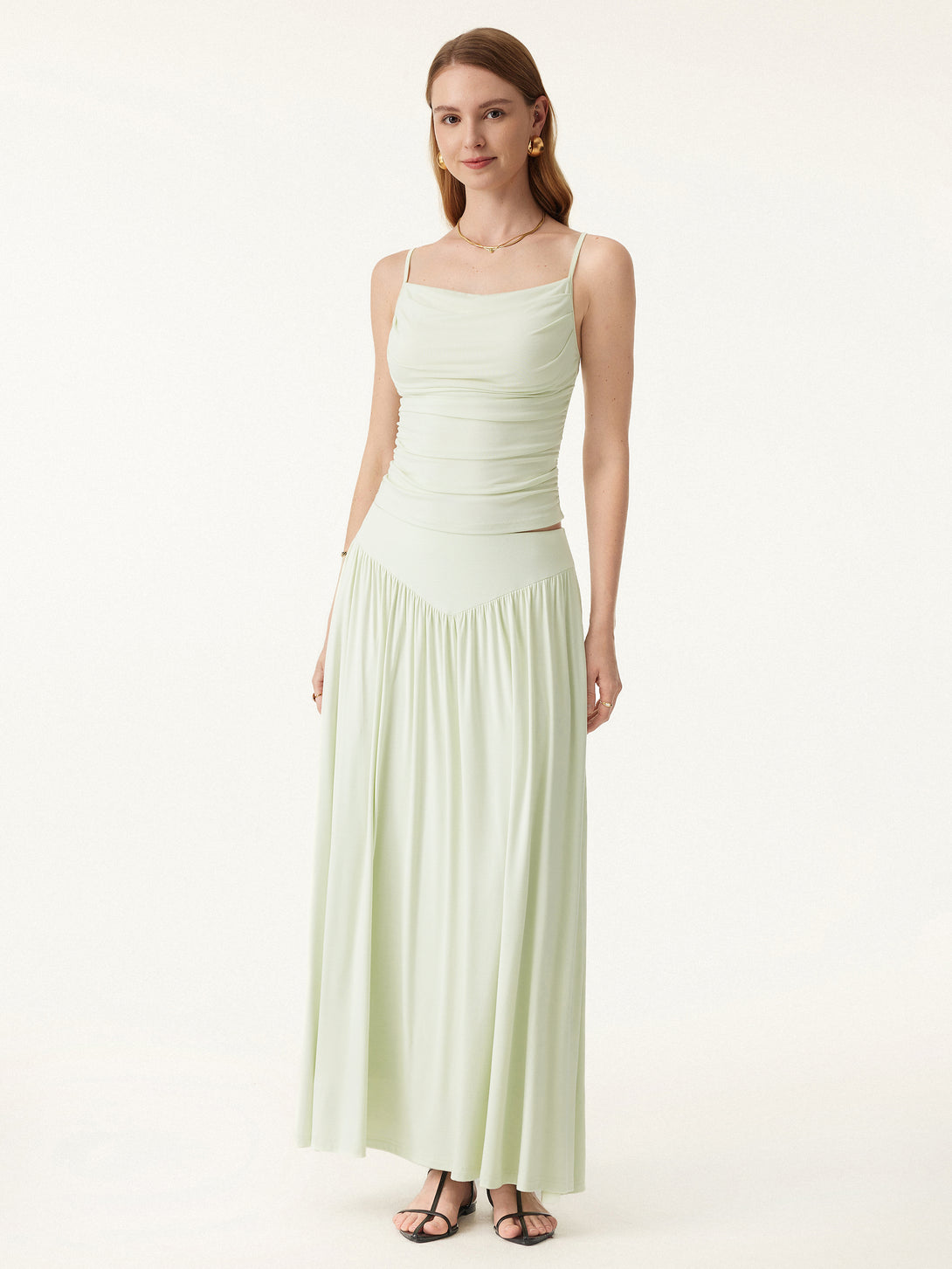 2Pcs Set Adjustable Spaghetti Straps Brami & V-shape Maxi Skirt with Pockets