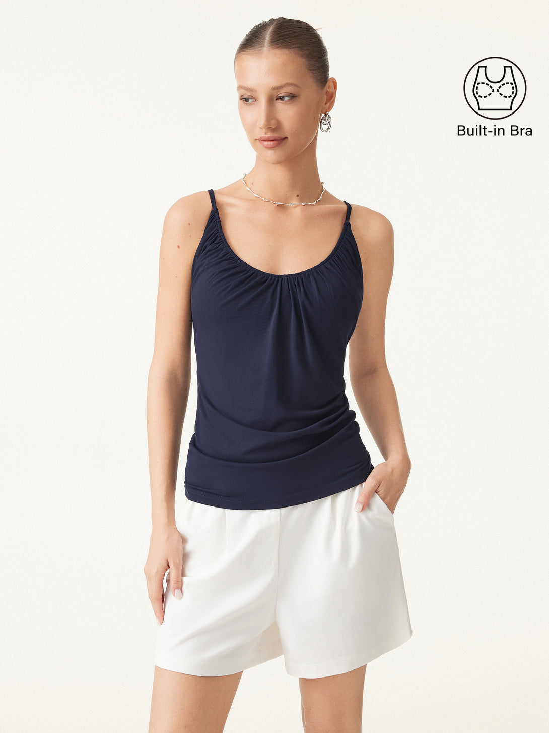 2Pcs Set Hip Length Scoop Neck Gathered Spaghetti Brami Top