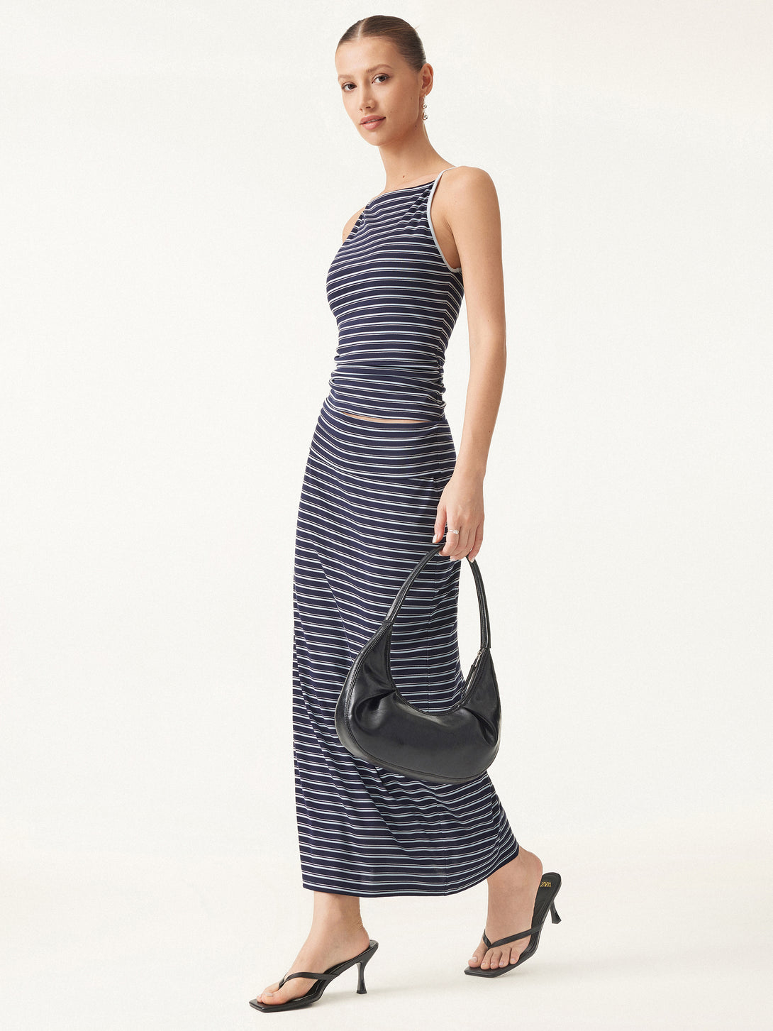 2Pcs Set Striped Spaghetti Brami & Low Rise Striped Midi Skirt