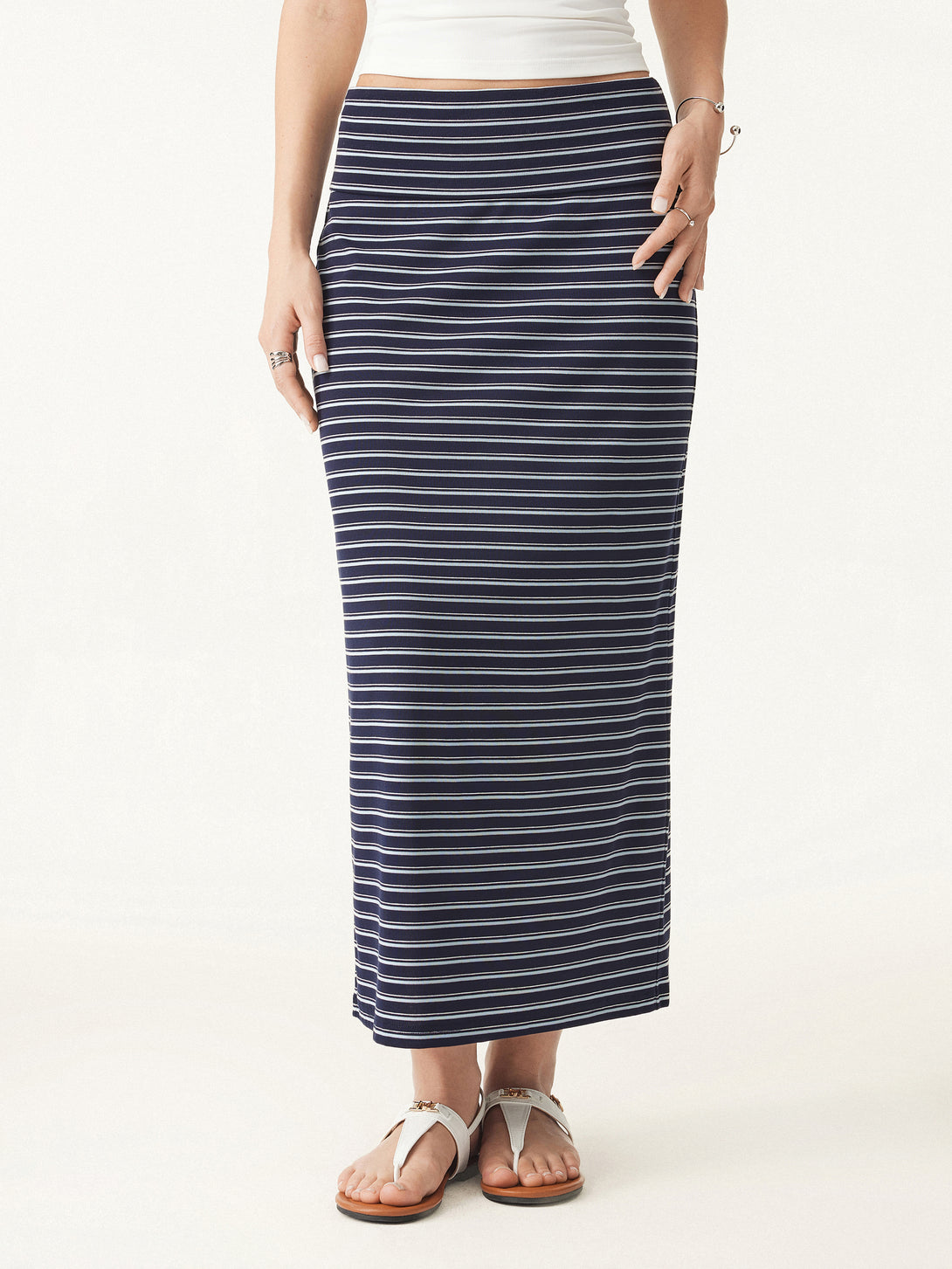 Low Rise Folded Waist Striped Midi Skirt