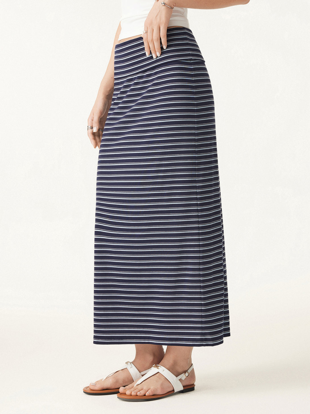 Low Rise Folded Waist Striped Midi Skirt