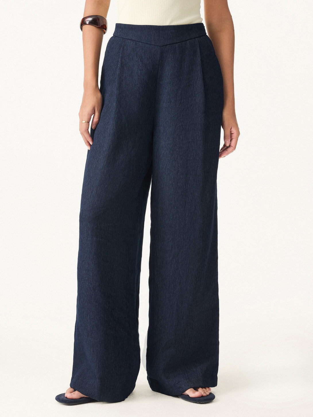 Breezy Linen Mid Rise Wide Leg Pant with Pockets Petite Denim Navy