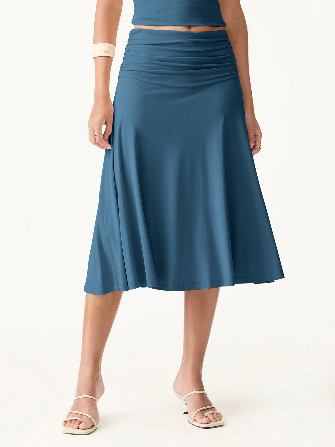 Flowy Side Ruched A-line Midi Skirt Dark Marine XS