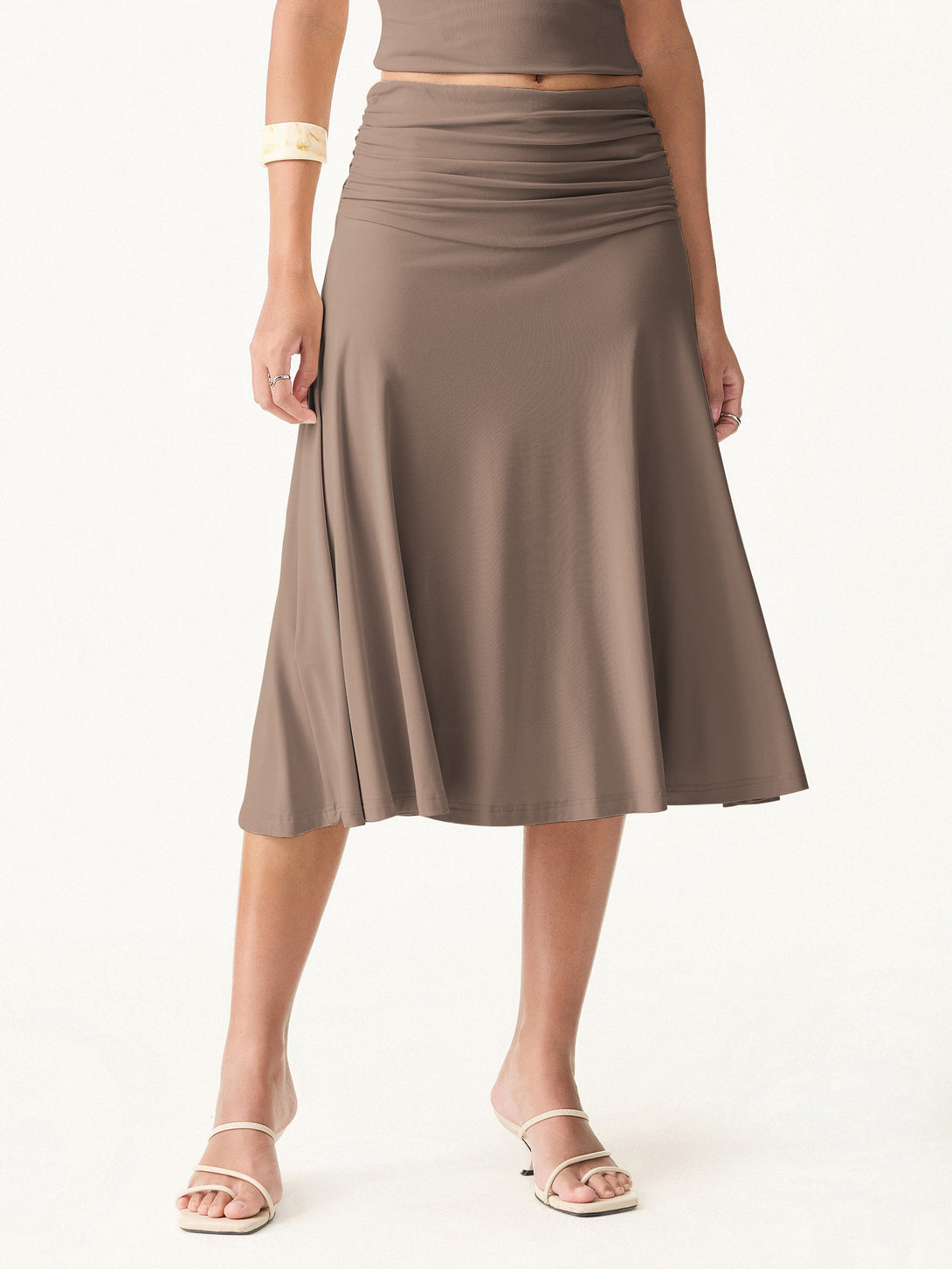 Flowy Side Ruched A-line Midi Skirt Iced Mocha XS