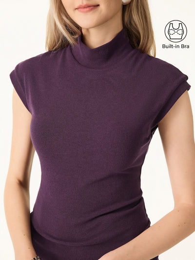 Stretch Cotton Mock Neck Cap Sleeve Brami Top Deep Fig XS
