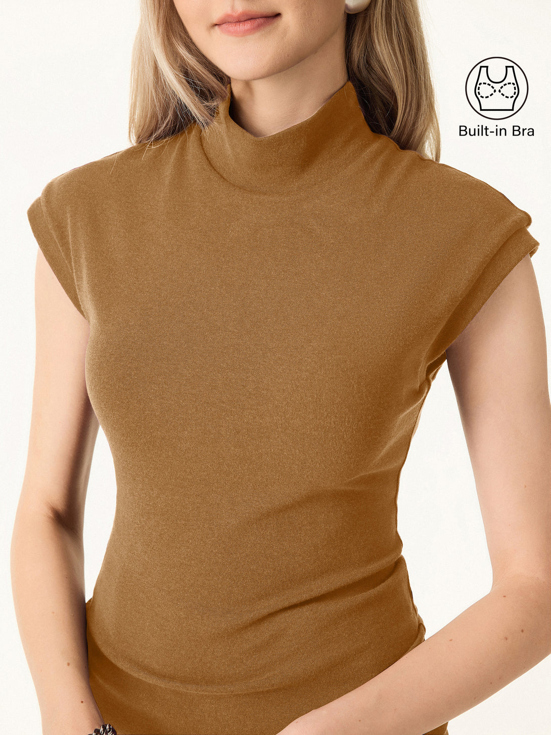 Mock Neck Cap Sleeve Brami Top Cinnamon Buff XS