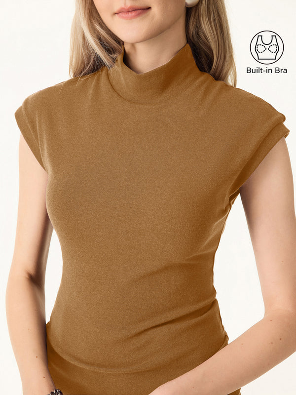 Mock Neck Cap Sleeve Brami Top Cinnamon Buff XS