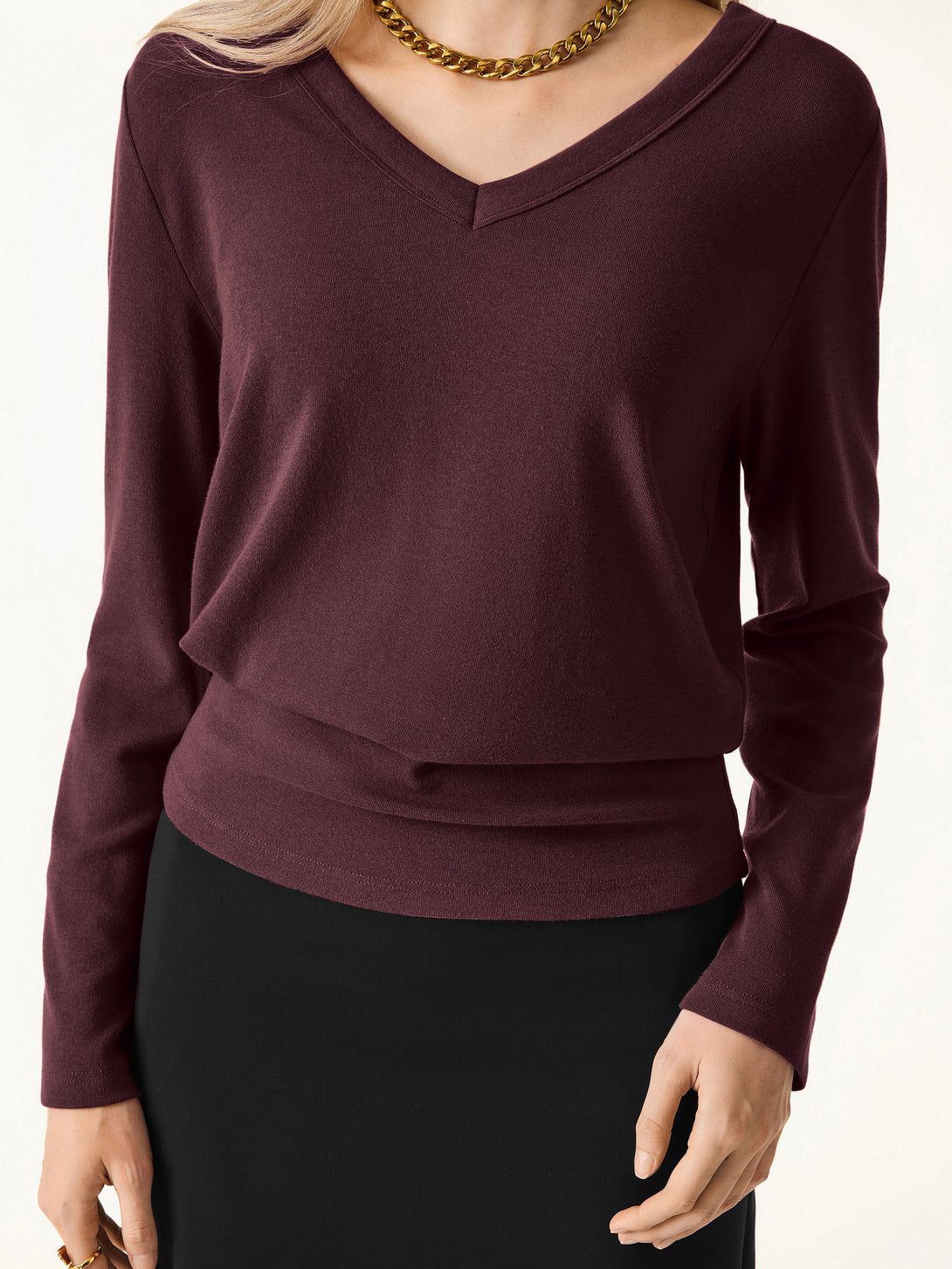 Essential V-neck Long Sleeve Top with Close-fit Hem Ruby Berry XS