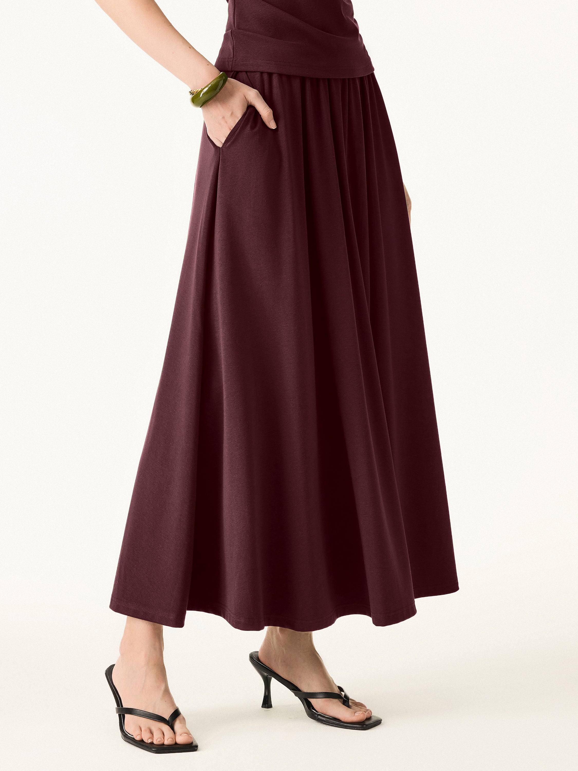 Stretch Cotton Maxi Umbrella Skirt Pockets