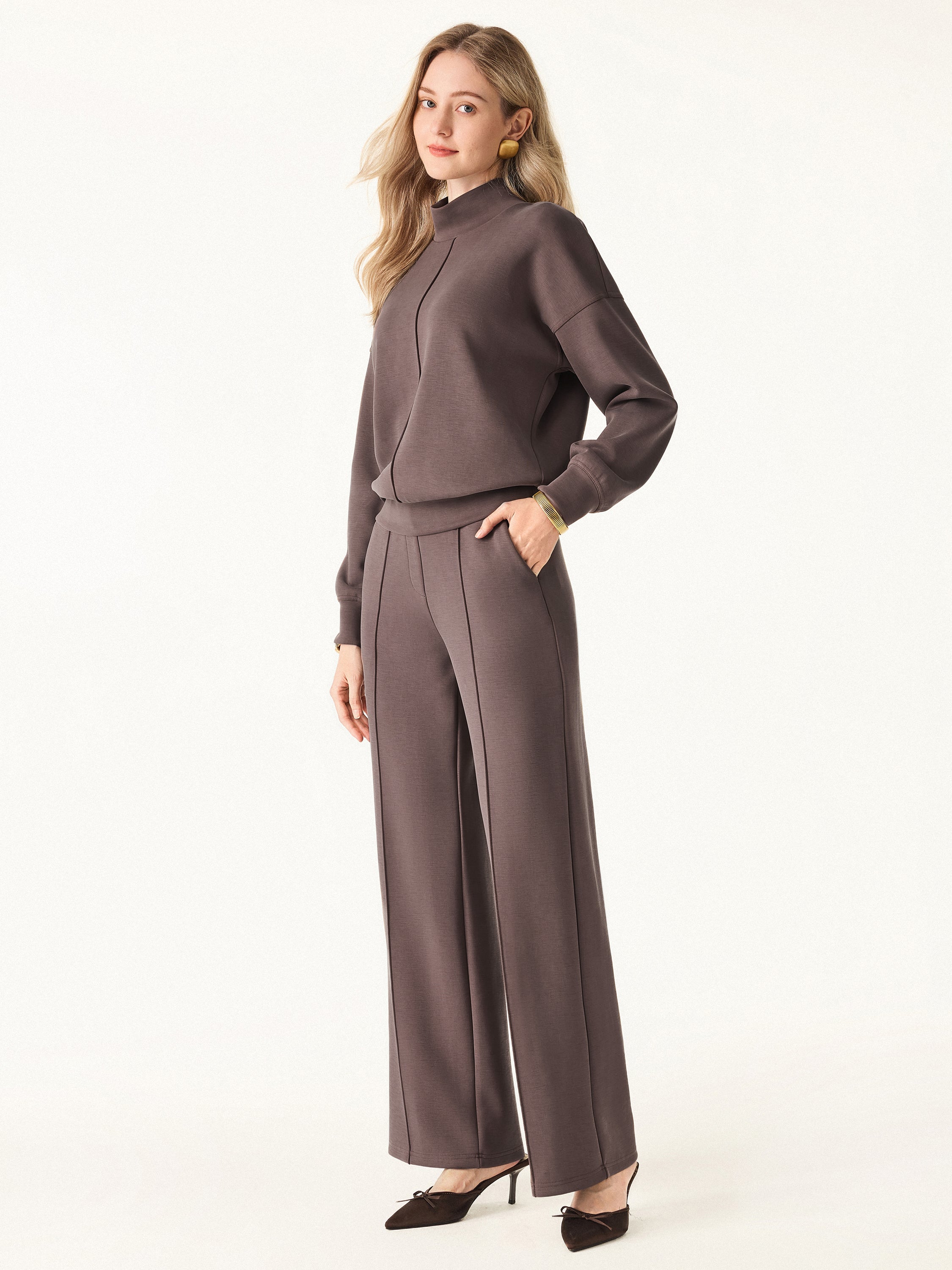 2Pcs Set Mockneck Pullover Shirt & Mid Rise Straight Leg Pants