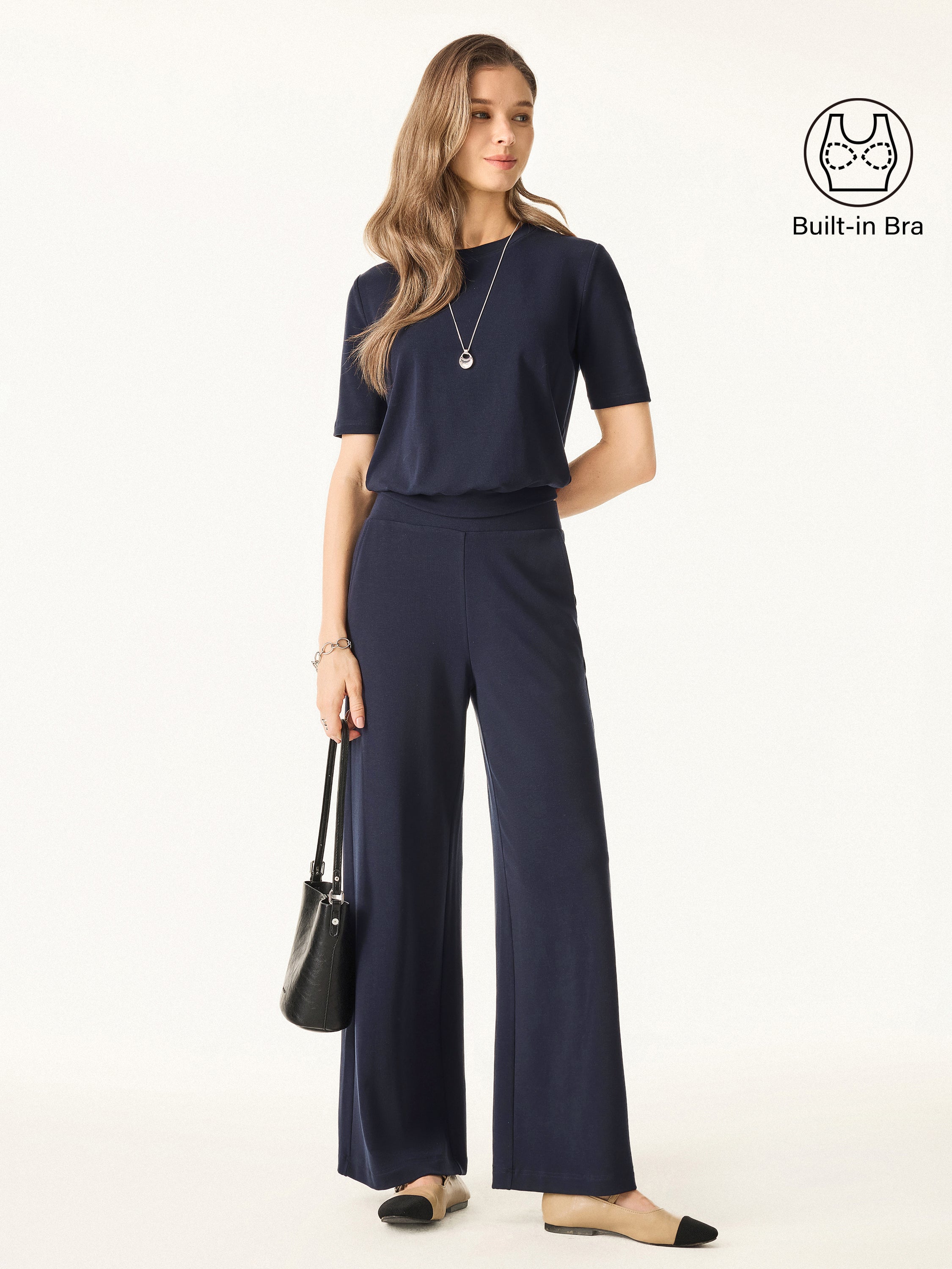 2Pcs Set Petite Mid Rise Wide Leg Pant Pockets & Crewneck Bra Top Banded Hem