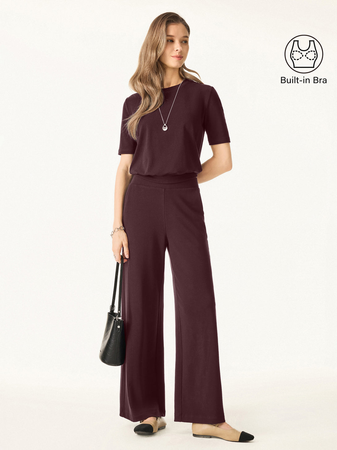 2Pcs Set Petite Mid Rise Wide Leg Pants with Pockets & Crewneck Brami with Banded Hem Ruby Berry XS