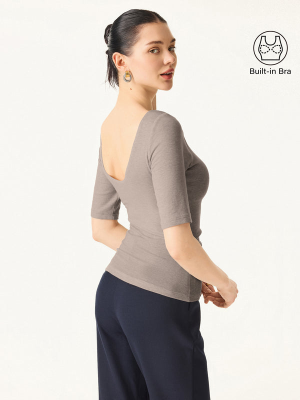 OGLmoveEssential Lyocell Cashmere Boatneck Elbow Length Sleeve Bra Top Heather Rock XS