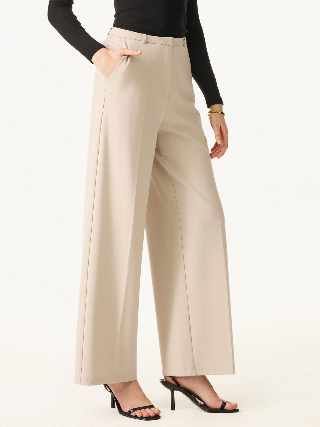 Wrinkle-Resistant High Rise Wide Leg Fly-Front Trousers with Pockets