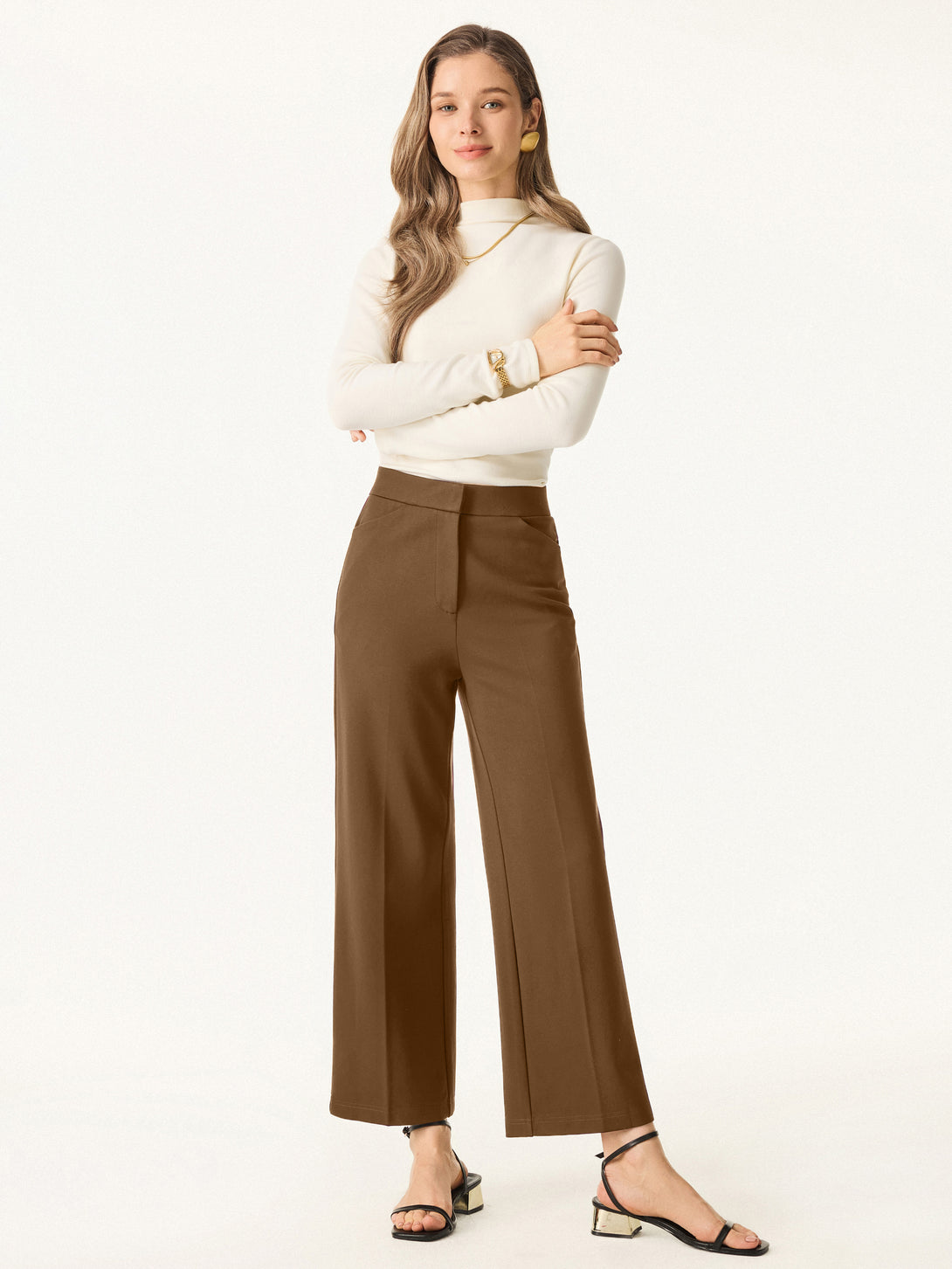 Petite High Rise Straight Leg Cropped Fly-Front Trousers with Pockets Sweet Hazelnut XS