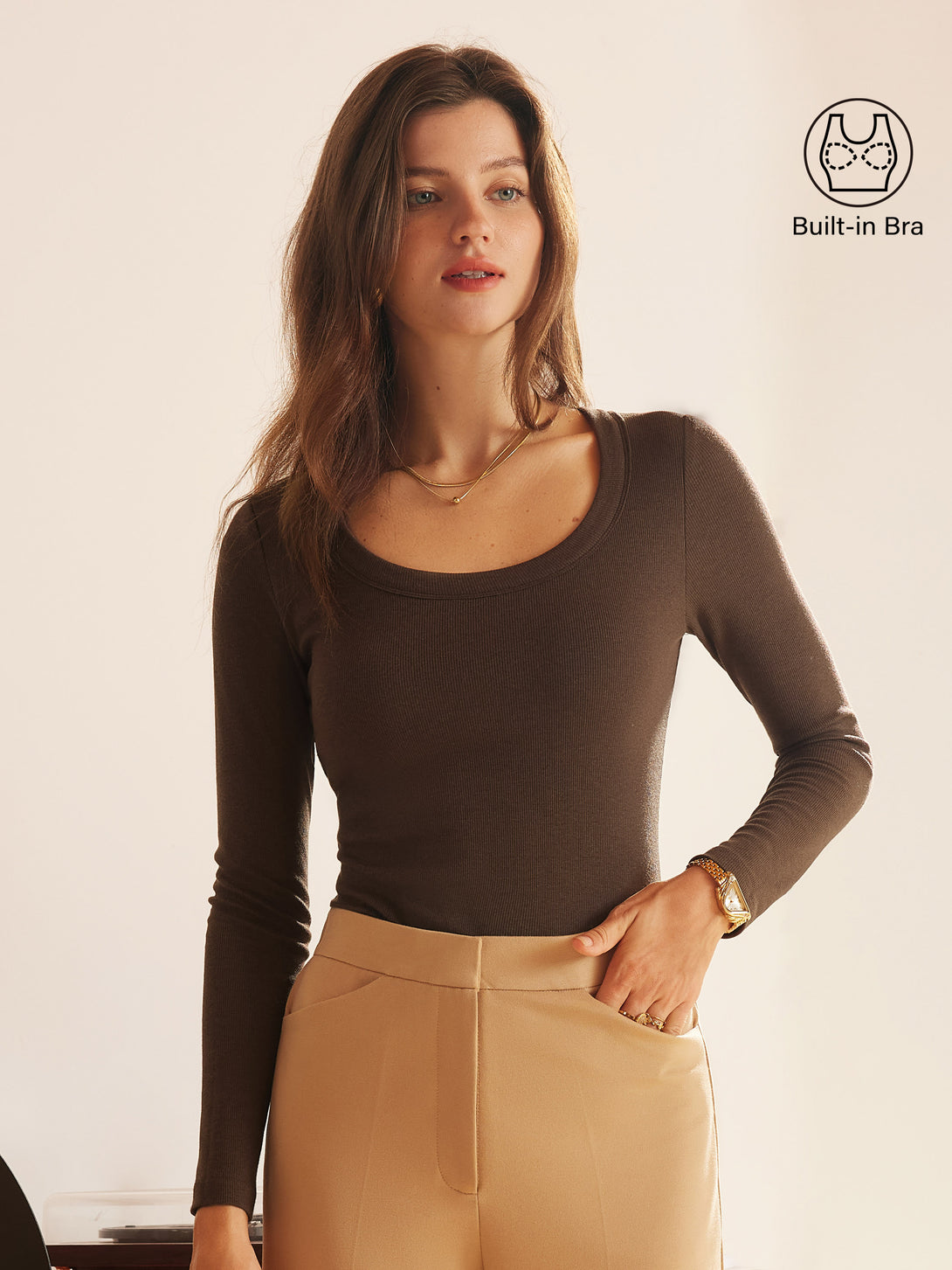 Essential Round Neck Ribbed Long Sleeve Brami Cedar Brown XS