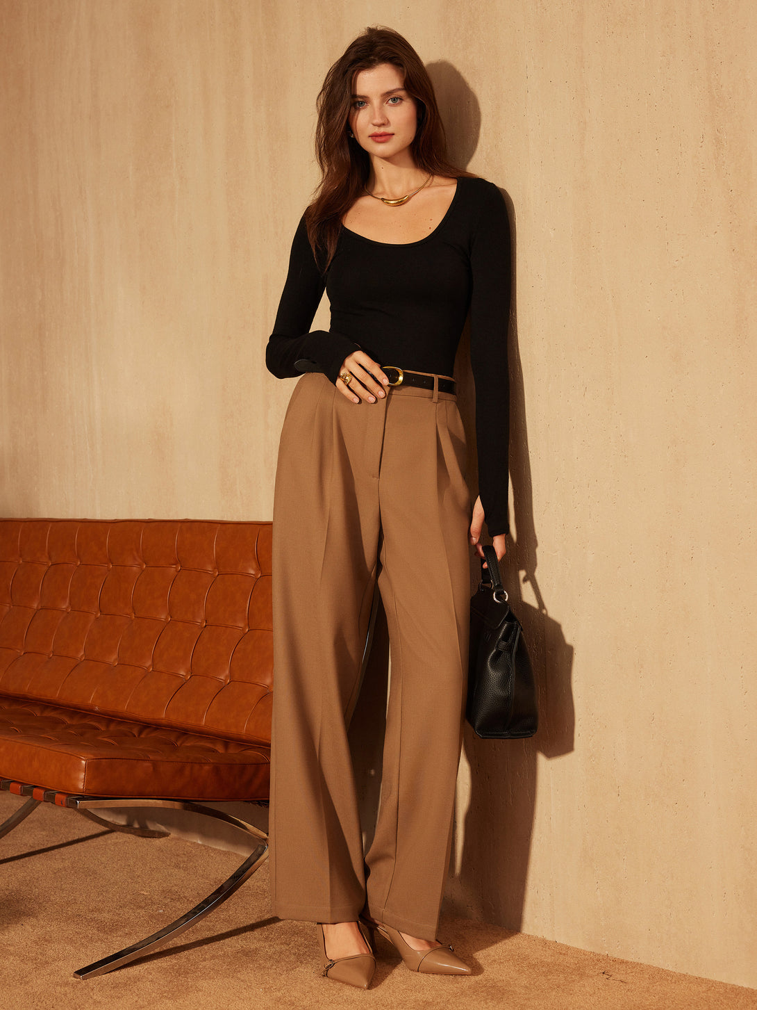 Stretch Wool High Rise Straight Leg Trousers with Pockets
