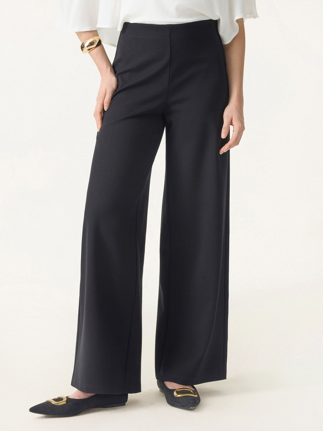 Tummy-Smooth Wide Leg Pull-on Pants with Pockets Regular Black
