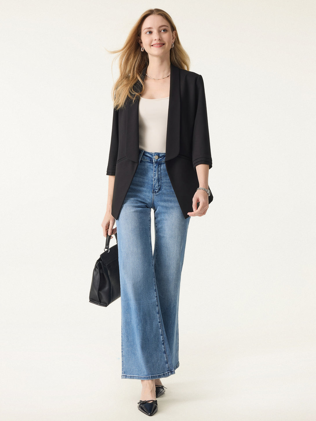 Stretch Ponte Shawl Lapel 3/4 Sleeve Blazer with Pockets