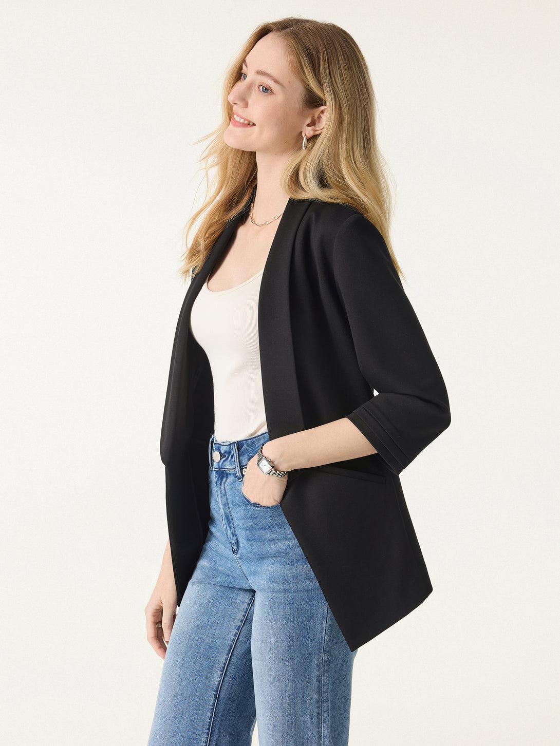Stretch Ponte Shawl Lapel 3/4 Sleeve Blazer with Pockets