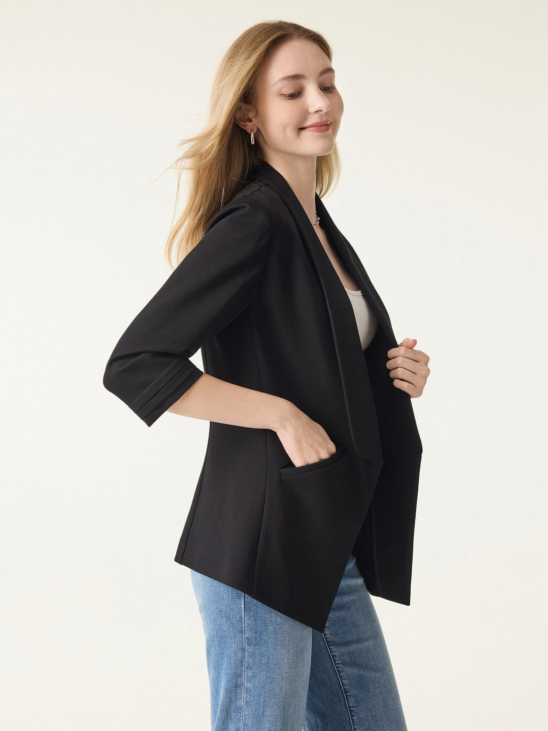 Stretch Ponte Shawl Lapel 3/4 Sleeve Blazer with Pockets