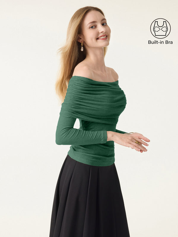 Lyocell Wool Ruched Off-Shoulder Brami Top Evergreen XS