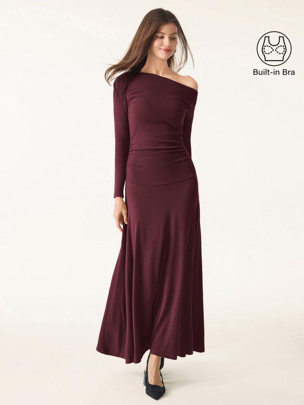 Asymmetrical Shoulder Side Ruched Ankled Maxi Dress