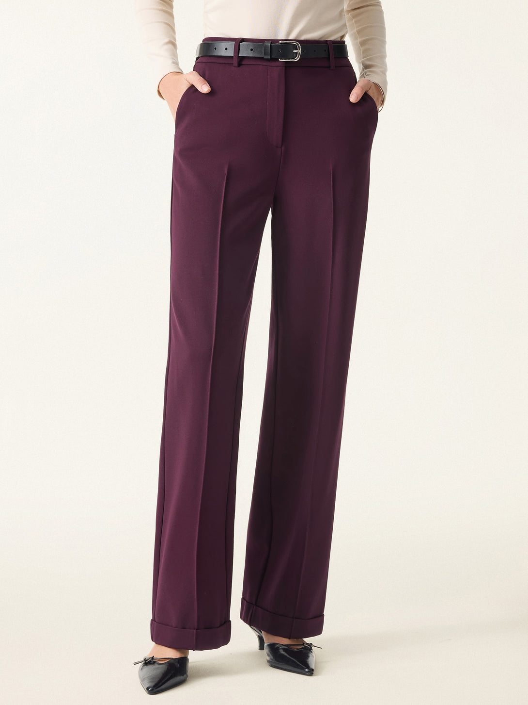 Stretch Ponte High Rise Straight Leg Pintuck Trousers Regular Sangria