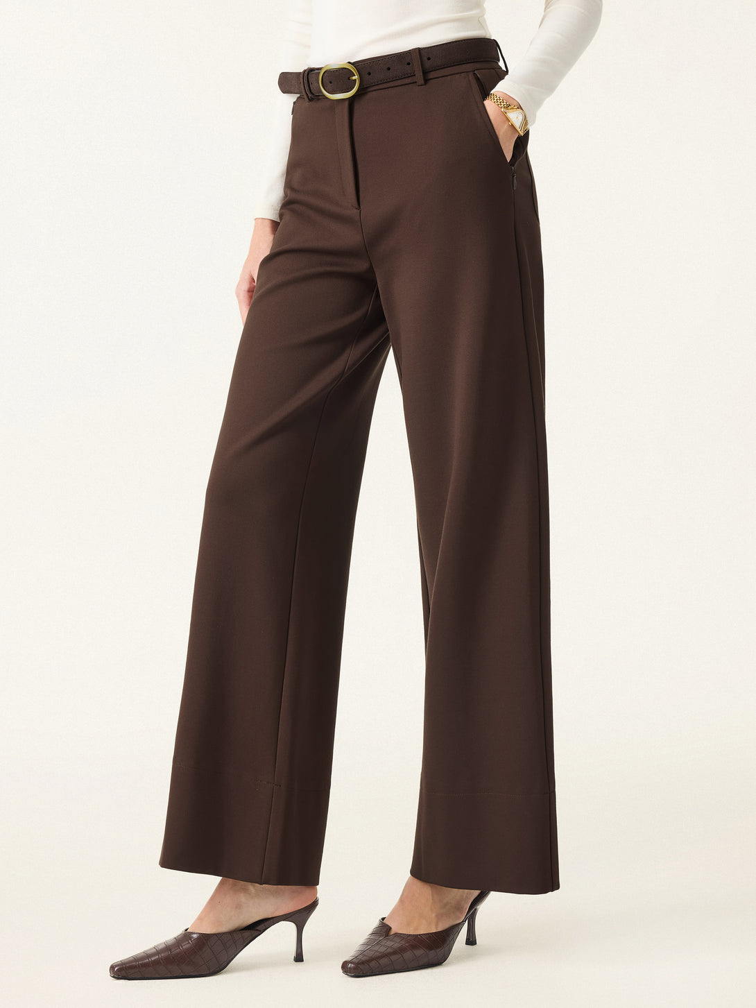 High Rise Wide Leg Trousers with Zippered Pockets Hickory Brown XS