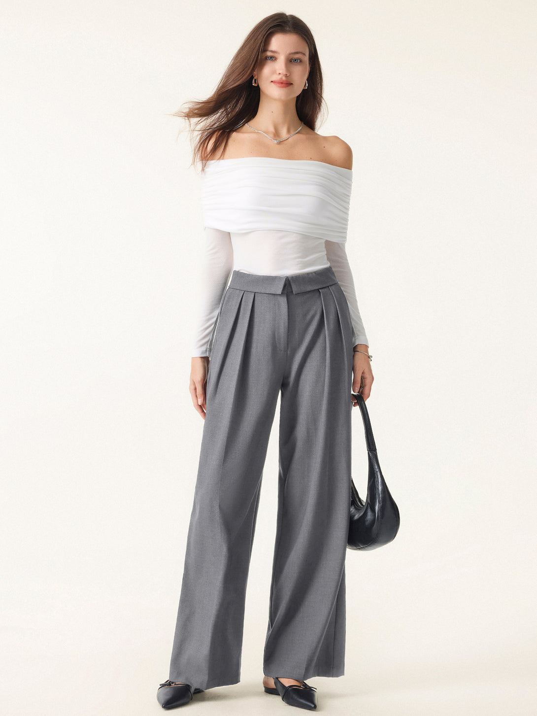 Fold-Over Pleated Midi Rise Wide Leg Trousers with Pockets